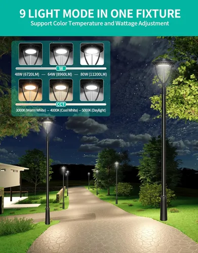 Miniatura 34 de Luz LED para poste superior, certificación ETL, 80 W, 64 W, 48 W, ajustable, 3 CCT, luces de poste para exteriores ajustables con fotocélula IP65