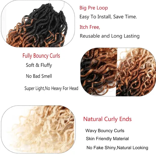 Miniatura 4 de Cabello de ganchillo Goddess Locs rubio degradado de 18 pulgadas, 7 paquetes de Faux Locs de tres tonos con extremos rizados, cabello de ganchillo