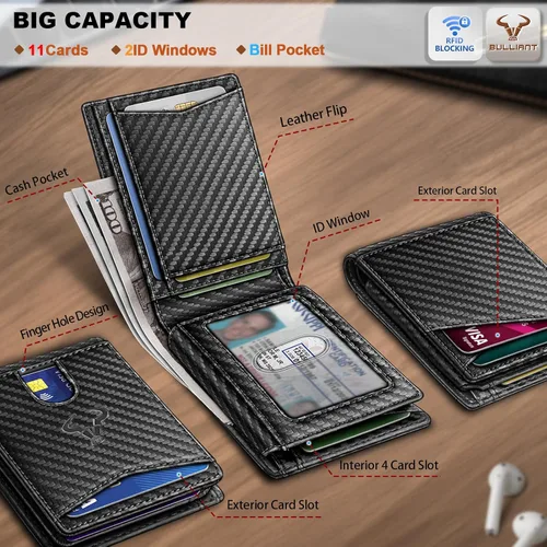 Miniatura 2 de BULLIANT Billetera para hombre, delgada de cuero, bolsillo frontal, tarjetero para regalo, para hombres, 11 ranuras con bloqueo RFID, Minimalista