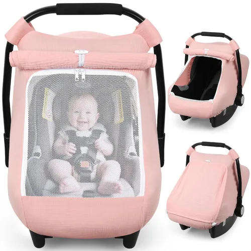 Rquite Funda de asiento de automóvil para bebé, fundas de asiento de automóvil para niña y niño, algodón muselina transpirable, ventana de malla Rosa