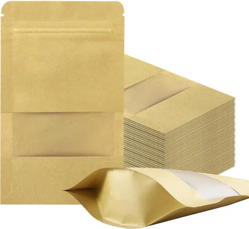Miniatura 11 de 100 bolsas resellables, bolsas de papel kraft verticales con ventana mate, bolsas de almacenamiento de alimentos con cierre de cremallera