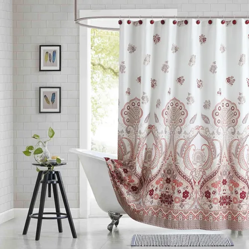 Miniatura 23 de Cortina de ducha larga de tela, cortinas de ducha de damasco bohemio con estampado de paisley en vino burdeos y oro amarillo, cortinas impermeables
