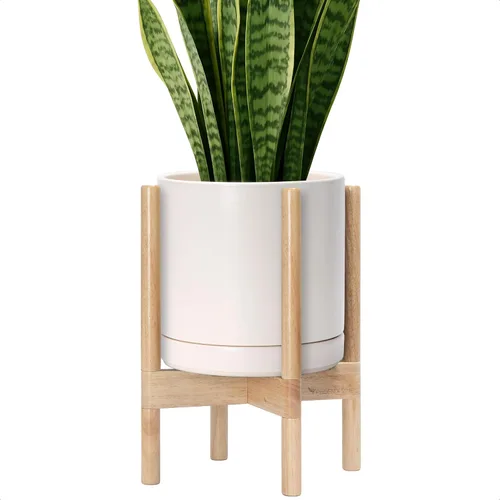 Miniatura 81 de D'vine Dev Maceta de cerámica con soporte de ébano – Maceta redonda moderna de 8 pulgadas con soporte para maceta de madera, color negro, 55-B-M-2