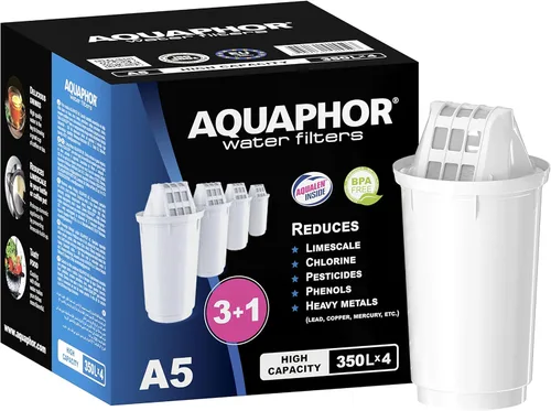 AQUAPHOR Cartucho de filtro A5 Pack 3+1 | Filtros de cal, cloro, metales pesados | 350L de agua clara | Tecnología AQUALEN para un mejor sabor de
