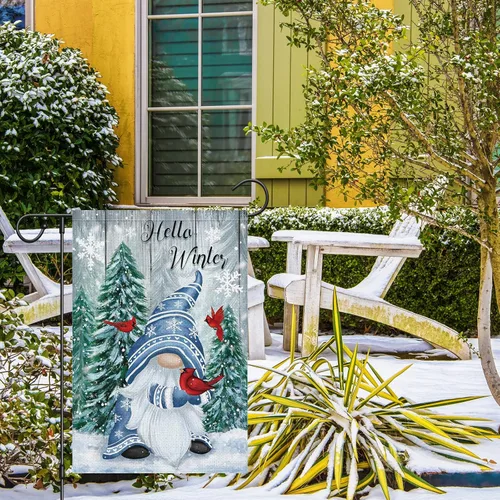 Miniatura 7 de Bandera de jardín de gnomo de invierno de 12 x 18 pulgadas, arpillera de doble cara, cardenales, copos de nieve, banderas de patio para Navidad