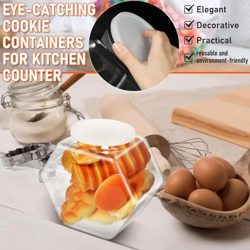 Miniatura 7 de EBOOT 4 tarros de plástico de 29 onzas para galletas de caramelo para encimera de cocina, tarro hexagonal con tapa, recipientes transparentes
