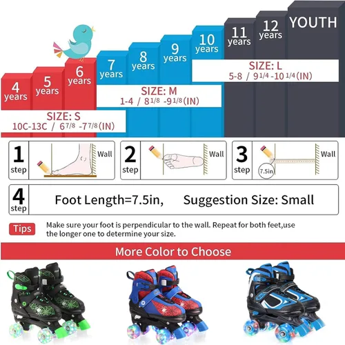 Miniatura 5 de Patines de ruedas Nattork para niños y niñas, patines cuádruples ajustables en 4 tallas para niños con ruedas iluminadas, genial regalo de rojo azul