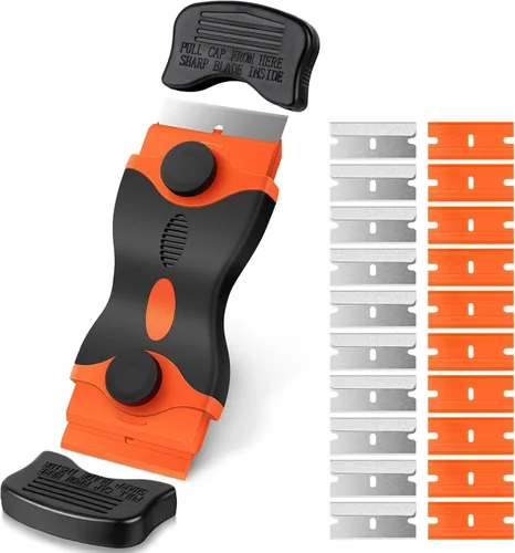 Ainiv - Rascador de cuchillas de afeitar, herramienta de raspado 2 en 1 con 10 cuchillas metálicas y 10 cuchillas de plástico, rascador Naranja Con