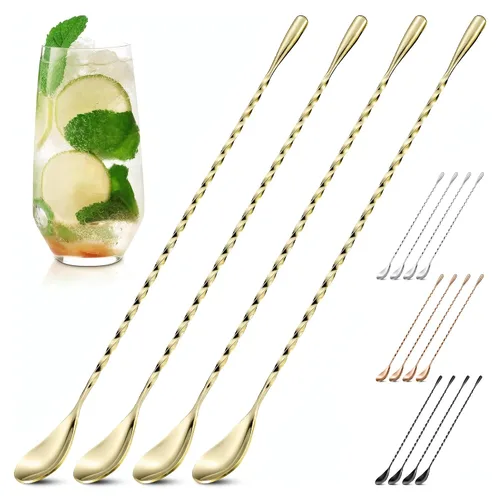 Miniatura 11 de Juego de 4 cucharas de bar para cóctel, cucharas mezcladoras – 30 cm de acero inoxidable con mango en espiral retorcido, buenas para cócteles, té