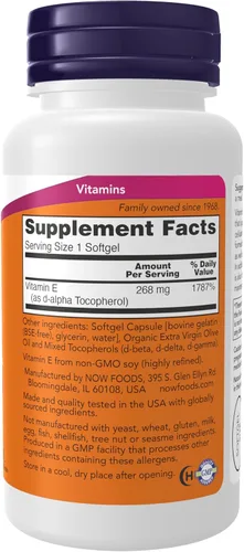 Miniatura 2 de NOW Suplementos, Vitamina E-400 UI Tocoferoles Mixtos, Protección Antioxidante*, 100 Cápsulas Blandas