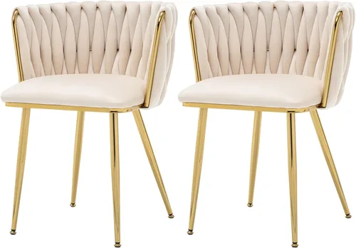 ECHINGLE Juego de 2 sillas de comedor de terciopelo, modernas sillas de comedor tejidas tapizadas con patas de metal dorado, sillas decorativas