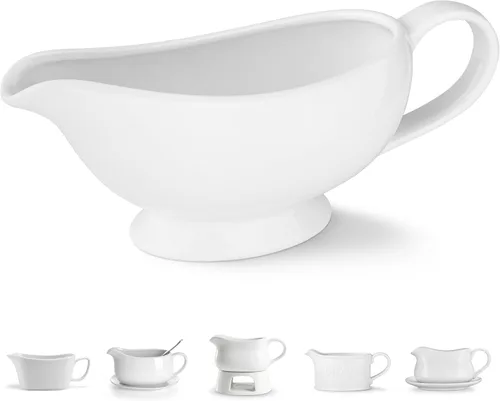 Kook Salsera de cerámica, dispensador para servir, jarra de porcelana para salsas, aderezos y crema, asa grande, apto para microondas y Formal