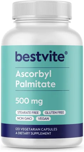BESTVITE Palmitato de ascorbilo 500 mg (120 cápsulas vegetarianas) - Sin estearatos - Sin rellenos - Sin agentes de flujo