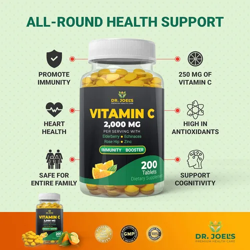 Miniatura 5 de Dr. JOEL'S Vitamina C de apoyo inmunológico 2000 mg - 200 tabletas - con zinc, saúco, rosa mosqueta, equinácea - Impulsa el sistema inmunológico