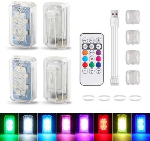 4 piezas de luces LED estroboscópicas inalámbricas con mando a distancia, 8 colores, 10 modos de iluminación, luz trasera para bicicleta recargable