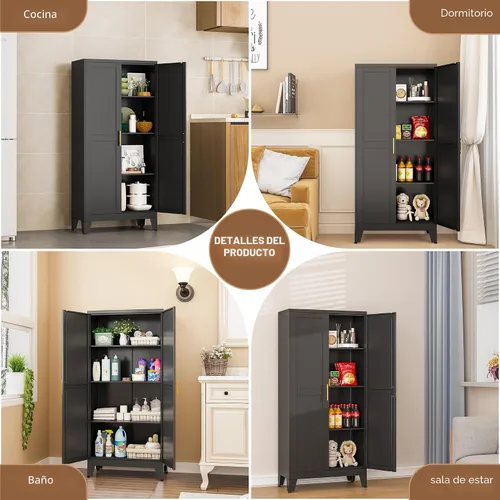 Miniatura 6 de PAOFIN Armario de almacenamiento de despensa de cocina de metal con 2 puertas y 3 estantes ajustables, armario de despensa con pie de nivelación