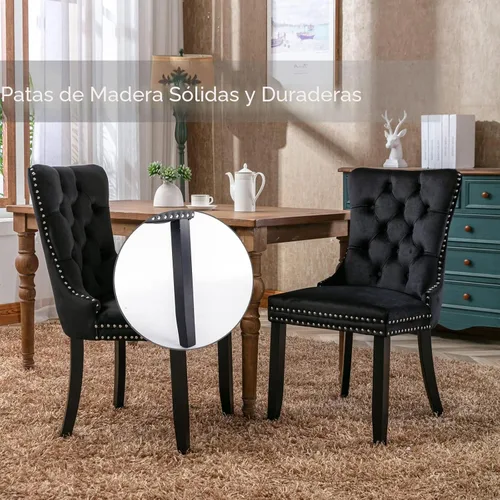 Miniatura 6 de Shenyon Juego de 4 Sillas de Comedor de Terciopelo Negro, Sillas de Comedor Tapizadas con Tirador de Anillo Trasero y Patas de Madera Maciza, Sillas