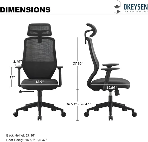 Miniatura 2 de Okeysen Silla de oficina ergonómica de malla, silla giratoria de computadora con respaldo alto con reposacabezas ajustable 2D, soporte lumbar