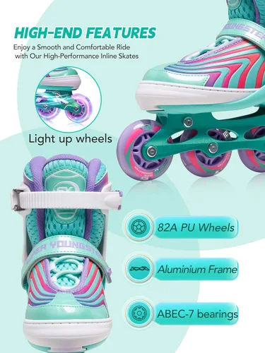 Miniatura 4 de SUPER YOUNGSTER Patines en línea para niñas, niños y niños de 4 a 12 años, patines ajustables con luces para jóvenes y adolescentes de 8 a 12 años