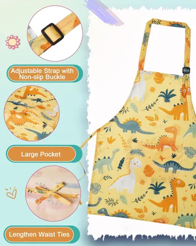 Miniatura 5 de Lictin Paquete de 2 delantales para niños y niñas para cocinar, delantal de arte impermeable con bolsillos para niños, pintar, cocinar, hornear
