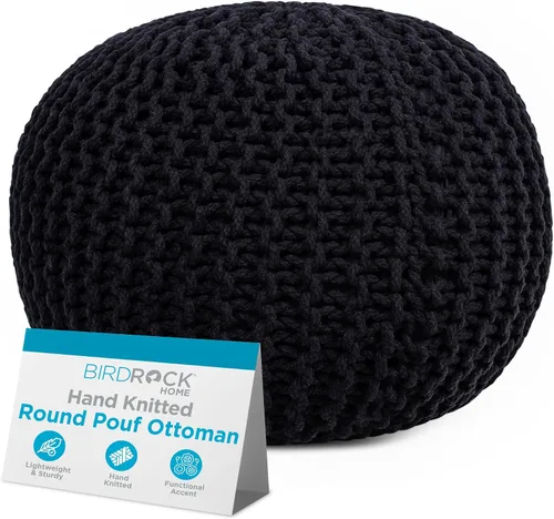 BIRDROCK HOME Puf redondo otomano | Taburete de pie trenzado de algodón con relleno de bolsa de frijoles | Reposapiés bohemio para sala de estar y