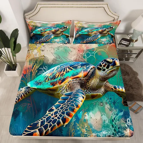 Miniatura 16 de Sábana bajera ajustable de tamaño individual para niños, diseño de animales marinos náuticos, juego de ropa de cama coral bajo el mar, juego de ropa
