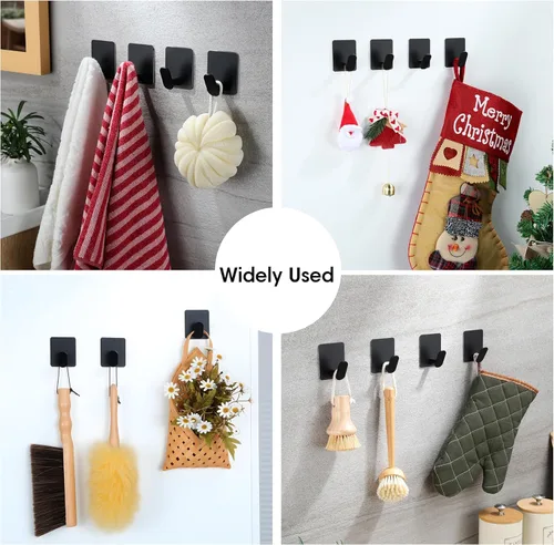 Miniatura 4 de YIGII Ganchos Adhesivos, Paquete de 4 Ganchos Negros para Toallas para Baño y Cocina, Gancho de Pared de Acero Inoxidable Impermeable para Colgar