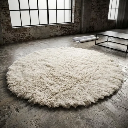 Miniatura 7 de Alfombra flokati redonda clásica de 5 pies. Pelo suave y esponjoso de 3.5 pulgadas. 100% lana natural. Alfombra moderna de color blanco roto lanudo