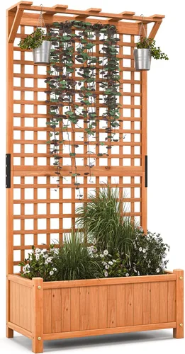 Miniatura 14 de Maceta de Jardín de Madera Giantex con Enrejado, Cama Elevada de 180 cm para Jardín, Enrejado Alto para Plantas Trepadoras y Flores, Maceta