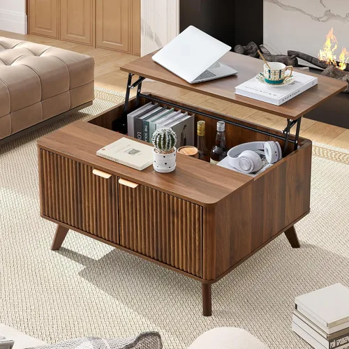 Miniatura 13 de XUZENEST - Mesa de café redonda de 31.5" con almacenamiento, mesa de café de 2 niveles de mediados de siglo moderna con puerta deslizante de tambor
