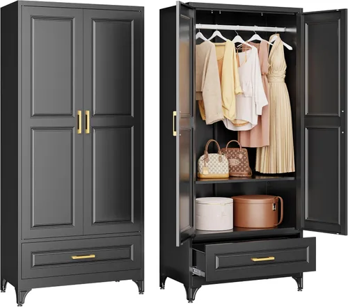 Miniatura 10 de Gabinete de Pared de Metal de 81 cm con 2 Puertas, Gabinetes Colgantes Negros con Manija, Gabinetes de Vestir de Metal, Armario Vestidor Clóset
