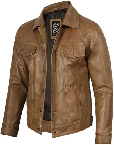 Blingsoul Chaqueta de Cuero Vintage Premium para Hombre - Chaqueta Trucker de Piel de Cordero Real para Hombre