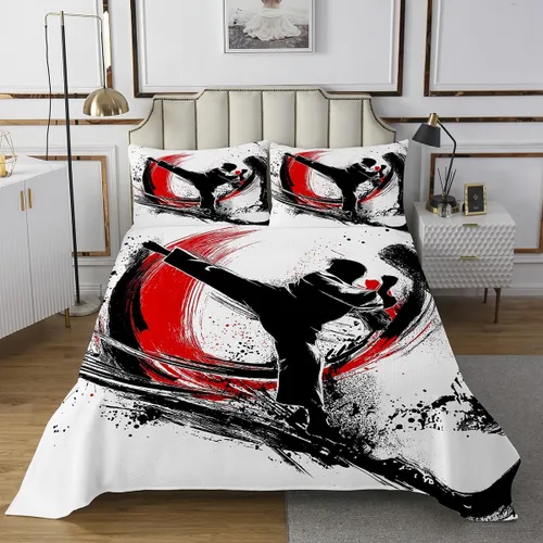 Miniatura 2 de Kungfu - Juego de edredón ligero para niños y adolescentes, colcha de teñido anudado de tinta, funda de cama negra y roja, juego de ropa de cama