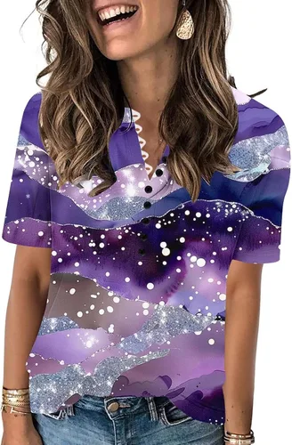 Miniatura 30 de Summer Shirts for Women 2025 Plus Size Short Sleeve Henley Tops Marble Floral Loose Tshirt Tee Casual Dressy Tunics