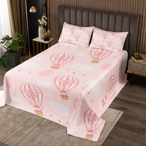 Miniatura 30 de Manfei Lindo pingüino para niños, tamaño individual, juego de colcha de princesa con lazo rosa con globo aerostático, decoración de habitación