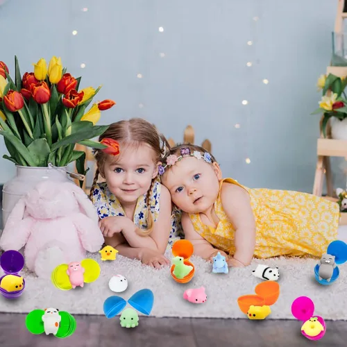 Miniatura 2 de 28 huevos de Pascua + 28 juguetes esponjosos Mochi, huevos sorpresa rellenos de mini animales esponjosos, juguetes para aliviar el estrés