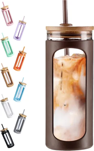 Miniatura 17 de Kodrine Vaso para agua de vidrio de 20 onzas con popote y tapa, botella de agua con tapas de bambú, taza para café helado, reutilizable, boca ancha