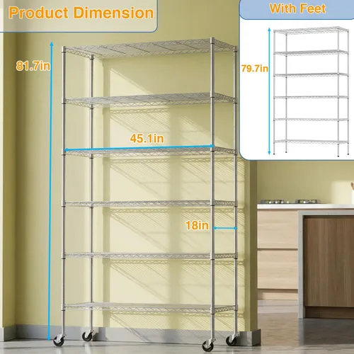 Miniatura 3 de BestOffice Estante de alambre de 6 niveles con ruedas 48 x 18 x 82 pulgadas Cromado Estantes ajustables Estantes de almacenamiento de alta