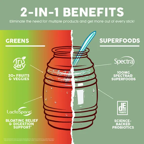 Miniatura 4 de Polvo de verduras 2 en 1 Salud + sobres de mezcla de bebida de superalimentos, más de 20 frutas y verduras, probióticos, prebióticos, apoya la salud