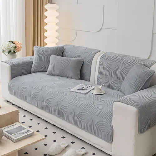 Miniatura 3 de Funda de sofá geométrica de granja para sofá, funda de terciopelo suave acolchada para sofá seccional, funda de sofá antideslizante para sofá, Gris