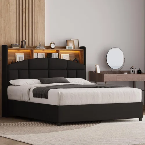 Miniatura 10 de REVOMINCA Base de cama de tamaño matrimonial con cabecero, base de cama tapizada de terciopelo con luces LED, plataforma de tamaño matrimonial