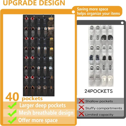Miniatura 4 de Organizador de zapatos sobre la puerta, 40 bolsillos grandes de malla para colgar zapatos, organizador para armario, detrás de la puerta, soporte