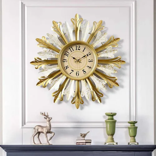Reloj vintage retro de metal Sunburst reloj decorativo grande con reloj silencioso de lujo estilo bohemio arte moderno para sala de estar,