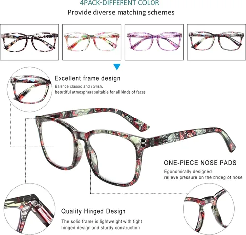 Miniatura 3 de Henotin - Juego de 4 gafas de lectura con bloqueo de luz azul para mujeres y hombres, con bisagra de resorte para computadora, anti rayos UV, gafas
