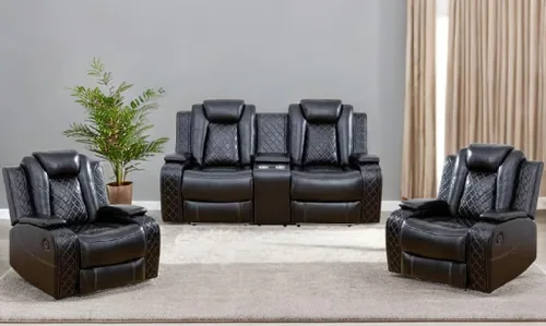 Juego de sillón reclinable eléctrico con luces LED, juego reclinable de cuero sintético con puerto USB/cargador inalámbrico/consola de