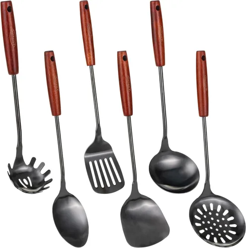 FJNATINH Juego de utensilios de cocina de acero inoxidable 304 - 6 piezas Juego de espátulas para wok Herramientas de cocina Espátula, cucharón de