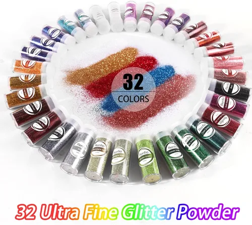 Miniatura 2 de Renfio Juego de Purpurina de 32 Colores, 16.93oz 480g Polvo de Purpurina Ultra Fino PET 1/128" 0.008" 0.2mm Suministros de Resina Purpurina Surtida