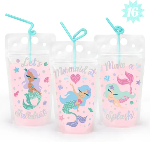 xo, Fetti Bolsas de bebidas de sirena – 16 unidades | Suministros de fiesta de cumpleaños de sirena, baby shower Mermazing, recuerdos de fiesta