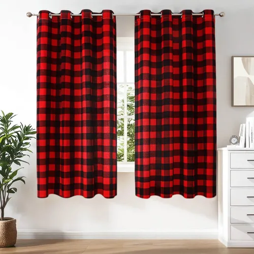 Miniatura 7 de Cortinas navideñas de búfalo rojo de 50 pulgadas, 2 paneles, cortinas de oscurecimiento con ojales rojos y negros para dormitorio, sala de estar