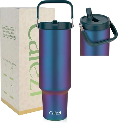 Miniatura 28 de Vaso de 30 onzas con tapa y pajita, vasos de acero inoxidable con aislamiento al vacío con pajita plegable y asa superior, botella de agua aislada